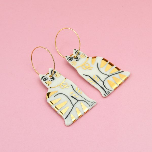 Tabby Cat Hoop Earrings. Gift for Cat Person. 3 x 7 cm (1.18 x 2.75 in). 12 g (0.42 oz).  Decorated with real gold/platinum. Gruni.