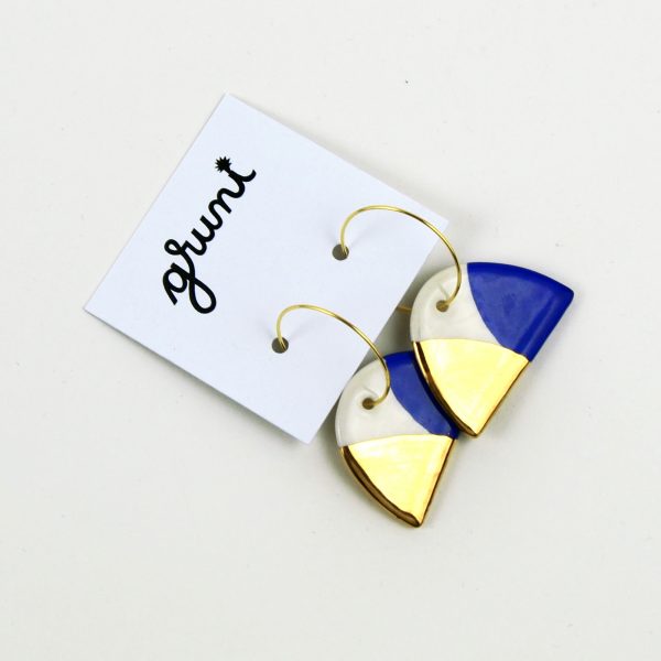 Half & Half Cobalt Blue & Gold Earrings. 3 x 4.5 cm (1.18 x 1.77 in). 7 g (0.2469 oz). Decorated with real gold. Handmade by Gruni.