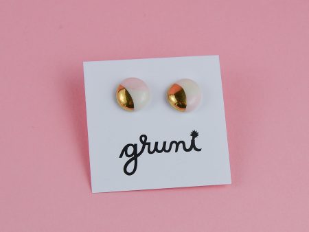 Small Stud Earrings, Blush Pink & Gold. Office casual. Diameter: 0.8 cm (0.31 in). Handmade by Gruni. Decorated with real gold.