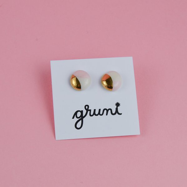Small Stud Earrings, Blush Pink & Gold. Office casual. Diameter: 0.8 cm (0.31 in). Handmade by Gruni. Decorated with real gold.