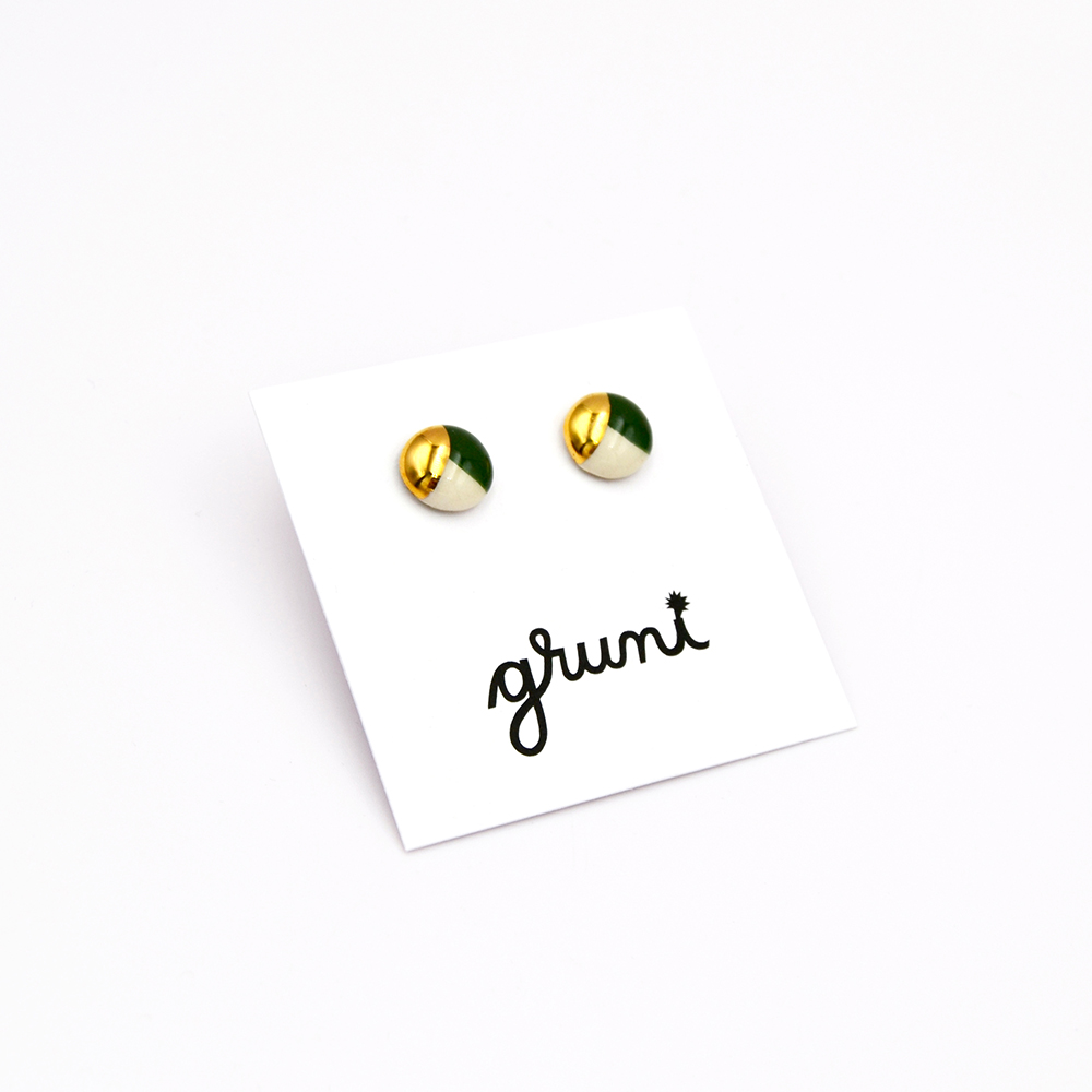 Small Stud Earrings, Green & Gold