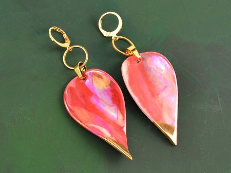 Red Sparks - Long Earrings, Marbled and Gilded Porcelain. Stainless Steel Findings. 3 x 8 cm (1.18 x 3.14 in).10 g (0.35 oz). Made by Gruni.