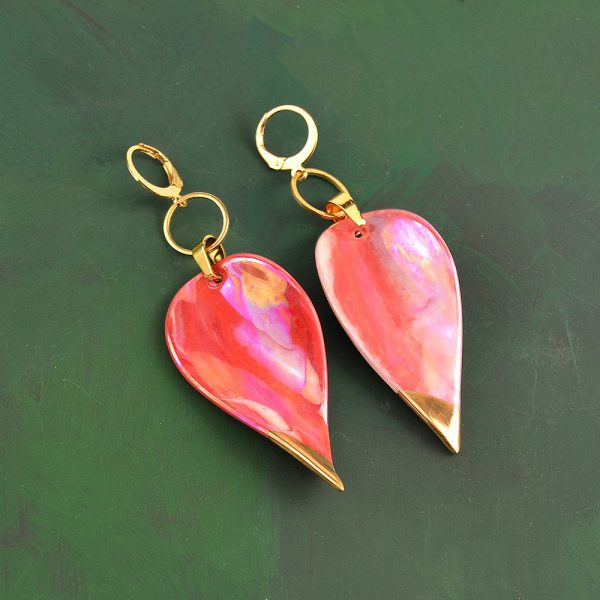 Red Sparks - Long Earrings, Marbled and Gilded Porcelain. Stainless Steel Findings. 3 x 8 cm (1.18 x 3.14 in).10 g (0.35 oz). Made by Gruni.