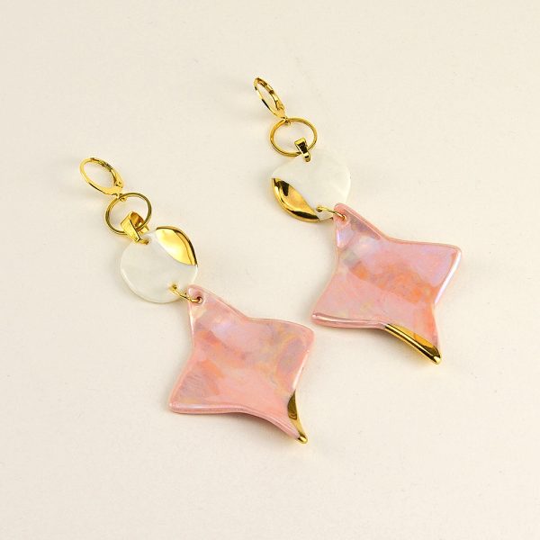 Big Stars - Long Earrings, Marbled and Gilded Porcelain. Stainless Steel Findings. 4.3 x 10 cm (1.69 x 3.93 in). 14 g (0.49 oz). Made by Gruni.