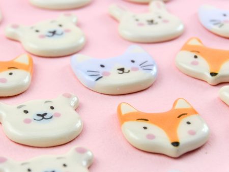 Cute animal pins, children's ceramic brooches: teddy bears, foxes, bunnies, kittens and puppies.  Approx. 2 x 2.5 cm (0.78 x 0.98 in). Gruni.
