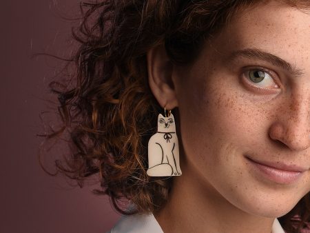 White Cat Earrings. 3 x 6 cm (1.18 x 2.36 in). Beautiful. Classy. Elegant. Sitting Kitten. Decorated with gold. Brass findings. Handmade by Gruni.