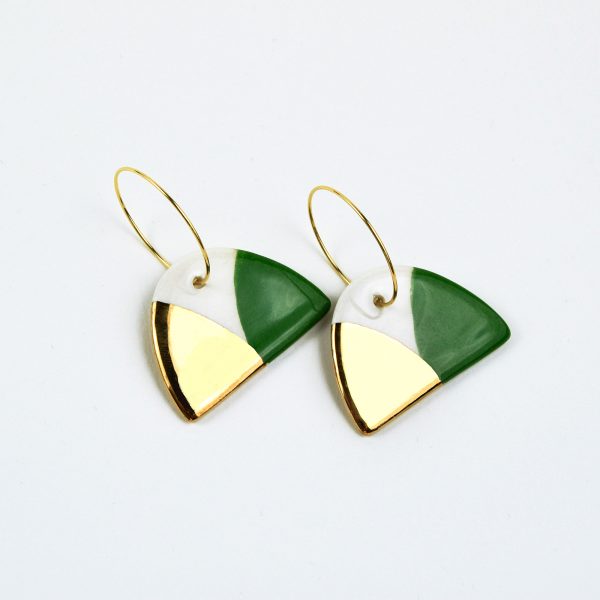 Half & Half Chrome Green & Gold Earrings. 3 x 4.5 cm (1.18 x 1.77 in). 7 g (0.2469 oz). Decorated with real gold. Handmade by Gruni.