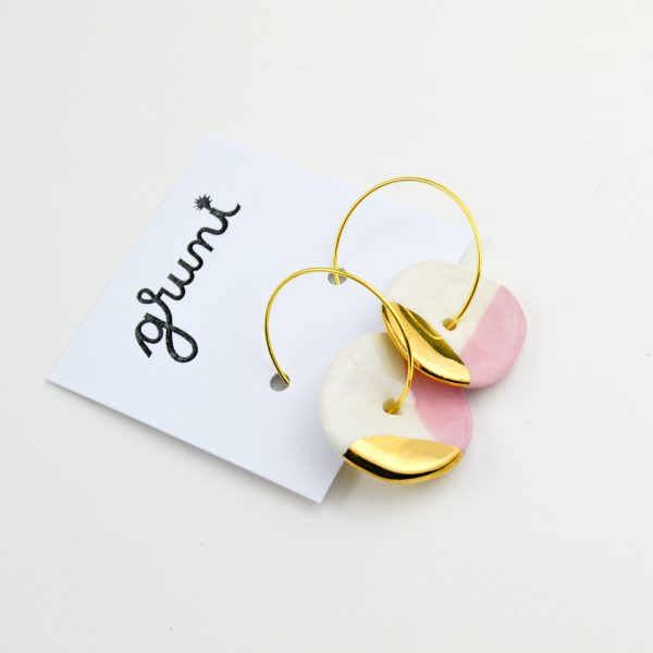 Circle Hoop Earrings, Pink & Gold. 2.5 x 4 cm (0.98 x 1.57 in) Handmade, irregular circle. Hand painted on both sides. Stainless steel hoops. Gruni