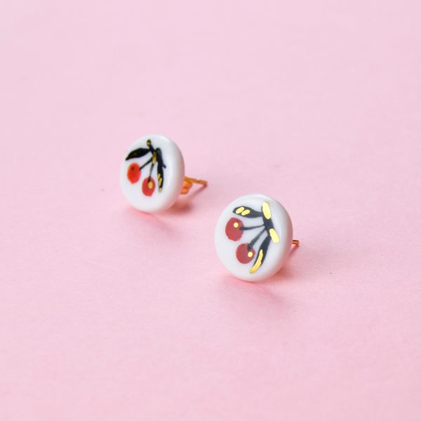Small Stud Cherry Earrings. Fruit Jewelry. 1 cm (0.39 in). Hand painted. Stainless steel or gold plated silver findings. Gruni.