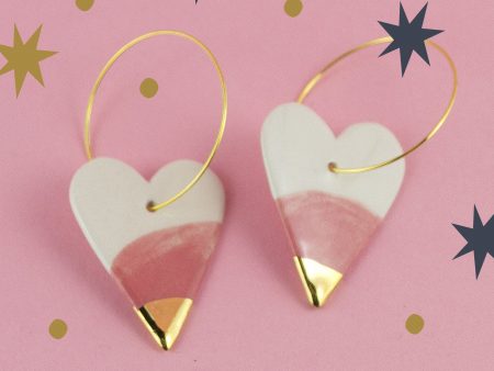 Pink Heart with Golden Tip, Hoop Earrings. Ceramics decorated with real gold. Romantic jewelry. 3.2 x 6 cm (1.25 x 2.36). 10 g (0.35 oz). Made by Gruni.