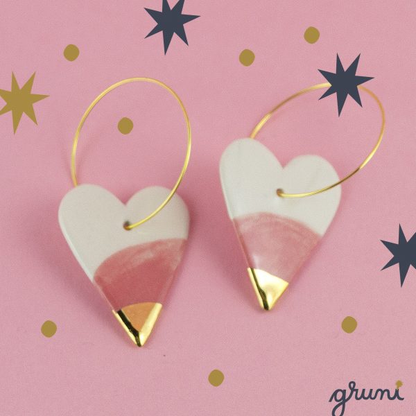 Pink Heart with Golden Tip, Hoop Earrings. Ceramics decorated with real gold. Romantic jewelry. 3.2 x 6 cm (1.25 x 2.36). 10 g (0.35 oz). Made by Gruni.