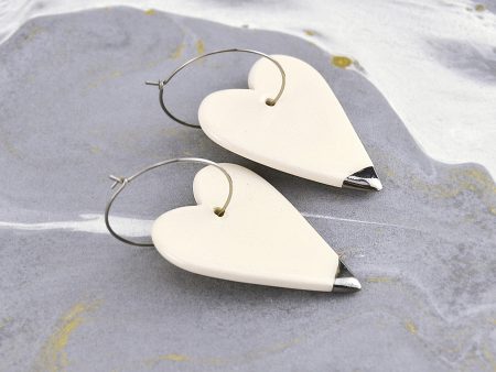 White Heart with Gold or Platinum Tip, Hoop Earrings. Ceramics. Romantic jewelry. 3.2 x 6 cm (1.25 x 2.36). 10 g (0.35 oz). Gruni.