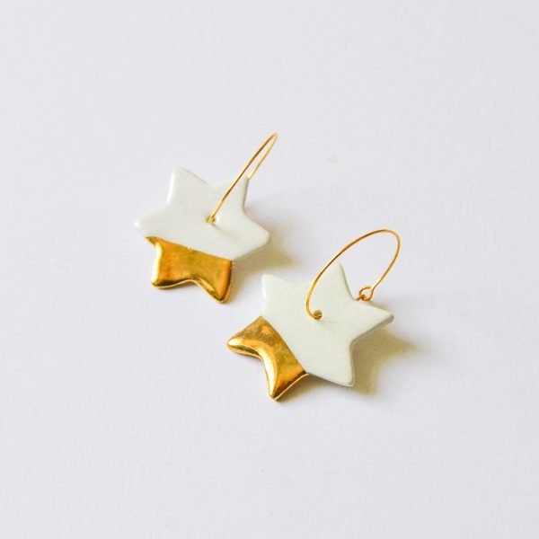 Star Hoop Earrings, decorated with gold or platinum. Celestial jewelry. 3 x 6.5 cm (1.18 x 2.55 in). Handmade by Gruni.