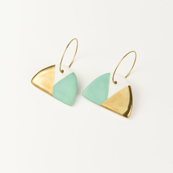 Half & Half Mint Green & Gold Earrings. 3 x 4.5 cm (1.18 x 1.77 in). 7 g (0.2469 oz). Decorated with real gold. Handmade by Gruni.