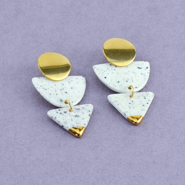 Speckled Geometric Dangle Earrings - Ceres. 3 x 6 cm (1.18 x 2.36 in). 13 g (0.45 oz). Elegant. Decorated with gold/platinum. Handmade by Gruni.