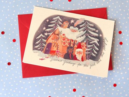 Krampus Greeting Card, with Red Envelope. C6, 114 x 162 mm (4.5 x 6.4 in). 280 g (9.87 oz) recycled paper. Illustration Livia Coloji.