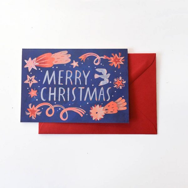 Merry Christmas Greeting Card, with Red Envelope. C6, 114 x 162 mm (4.5 x 6.4 in). 280 g (9.87 oz) recycled paper. Illustration Livia Coloji.