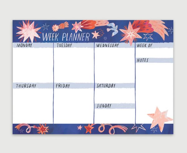 Starry Night Weekly Planner, notepad organizer. 50 pages. A4, 21 cm x 29.7 cm (8.26 x 11.69 in). Illustration Livia Coloji. Made by Gruni.