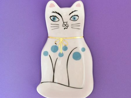Blue Dotted Cat, Jewelry Tray. Gift for cat person. Ceramics. 22 x 12 x 1.5 cm (8.66 x 4.72 x 0.59 in). Handmade by Gruni.