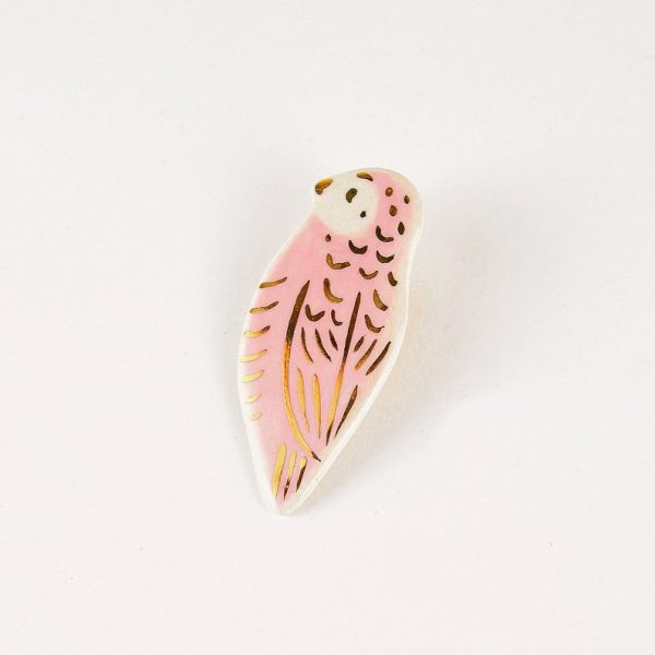 Sitting Pink Bird Brooch. Gift for bird watchers. 2.5 x 5.5 cm (0.98 x 2.16 in). 8 g (0.28 oz). Decorated with gold. Brass Pin. Thick clothes only. Handmade by Gruni.