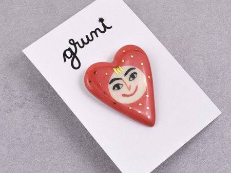 Happy Heart Brooch, Gift for Friend. 4 x 3 cm (1.57 x 1.18 in). 7 g (0.24 oz). Decorated with gold. Brass pin. Handmade by Gruni.