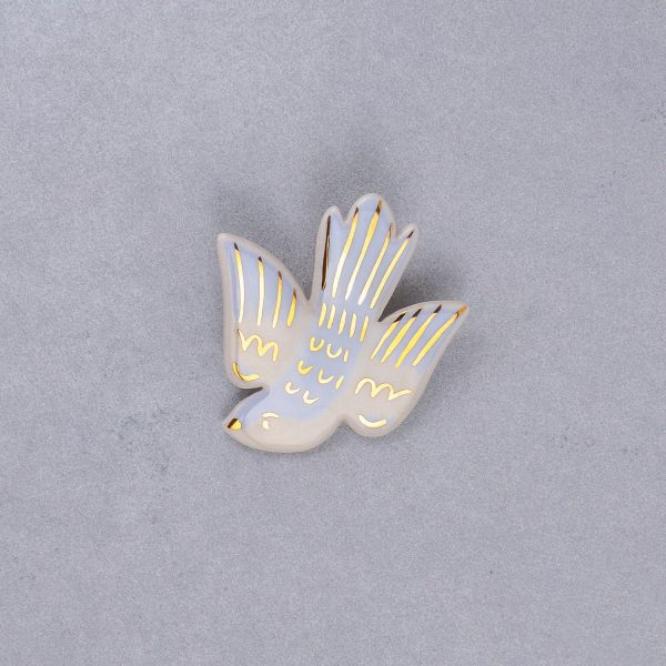 Flying Bird Brooch. A symbol of hope. 6.5 x 6.5 cm (2.55 x 2.55 in). 13 g (0.45 oz). Decorated with gold. Brass Pin. Thick clothes only. Handmade by Gruni.
