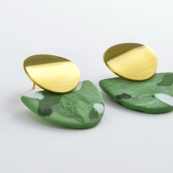 Mottled Porcelain Earrings, Muted Green. Unglazed Porcelain. Matte. 4 x 3.2 cm (1.57 x 1.25 in). 11 g (0.38 oz). Made by Gruni.