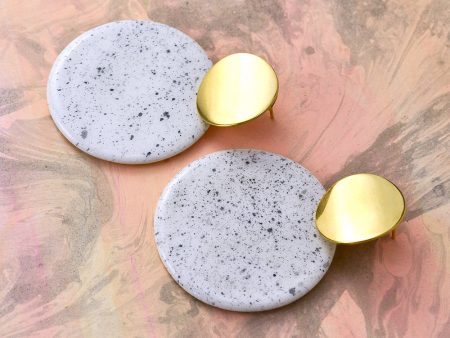 Large Round Speckled Earrings, large ceramic circle. 6 x 7 cm (2.36 x 2.75 in). 18 g (0.63 oz) Painted on both sides. Handmade by Gruni. 