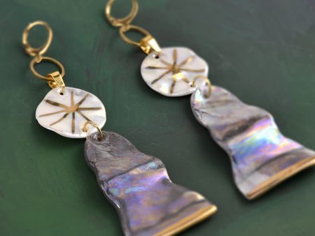 Shooting Star - Long Earrings, Marbled and Gilded Porcelain. Stainless Steel Findings. 2.5 x 10 cm (0.98 x 3.93 in). 16 g (0.56 oz). Made by Gruni.