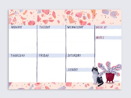 Summer Time Cat Weekly Planner, notepad organizer. 50 pages. A4, 21 cm x 29.7 cm (8.26 x 11.69 in). Illustration Livia Coloji. Made by Gruni.