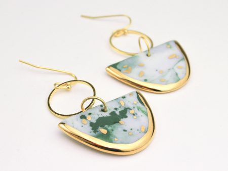 Green Terrazzo Porcelain Earrings. Decorated with real gold. Stainless Steel Findings. 4.5 x 3 cm (1.77 x 1.18 in). 9 g (0.31 oz). Made by Gruni.