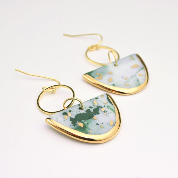 Green Terrazzo Porcelain Earrings. Decorated with real gold. Stainless Steel Findings. 4.5 x 3 cm (1.77 x 1.18 in). 9 g (0.31 oz). Made by Gruni.