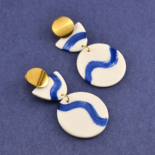 Great Blue Wave Earrings. Sunny Mood. Painted both sides with cobalt blue. 4.5 x 10 cm (1.77 x 3.93 in). 23 g (0.81 oz). Handmade Gruni.