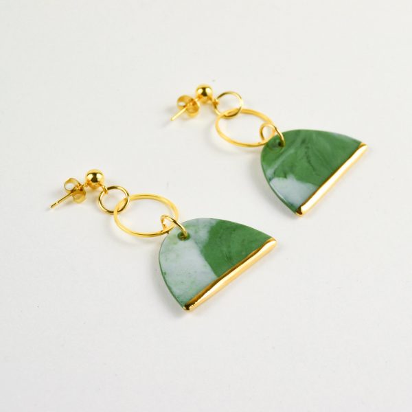 Long Green Geometrical Earrings, marbled porcelain. 3 x 6 cm (1.18 x 2.36 in). 8 g (0.28 oz). Decorated with gold. Handmade by Gruni.